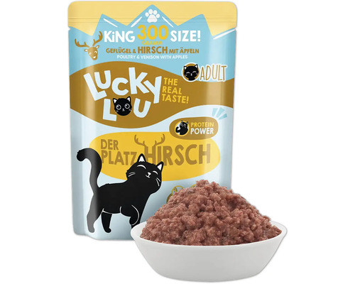 Lucky Lou Adult Katzenfutter Geflügel und Hirsch mit Äpfeln im geöffneten Beutel und einer Schale mit Futter
