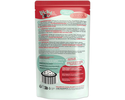 Verpackung Katzenfutter mit Geflügel und Thunfisch von Lucky Lou