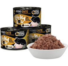 Lucky Lou Mono Ente Katzenfutter in Dosen und Schüssel