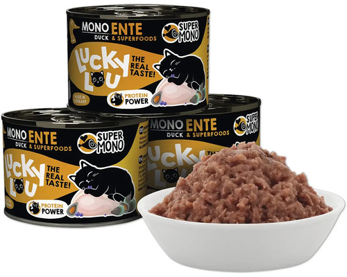 Lucky Lou Mono Ente Katzenfutter in Dosen und Schüssel