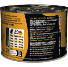 Lucky Lou Katzenfutter Dose mit Fütterungsempfehlung und Inhaltsangaben