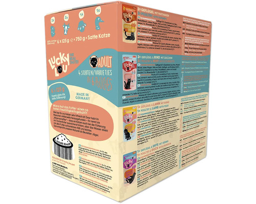 Lucky Lou Adult Katzenfutter, 6 x 125 Gramm, mit vier Sorten