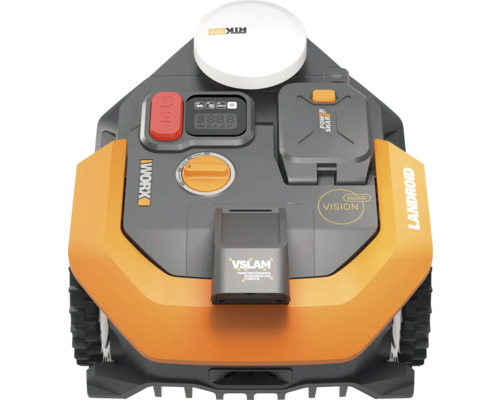 Landroid Rasenmähroboter mit RIIK Cloud, VSLAM, Power Share und Worx Logo