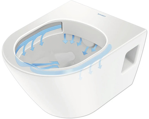 Wand-Tiefspül-WC mit Spülstromführung und Duravit Logo.