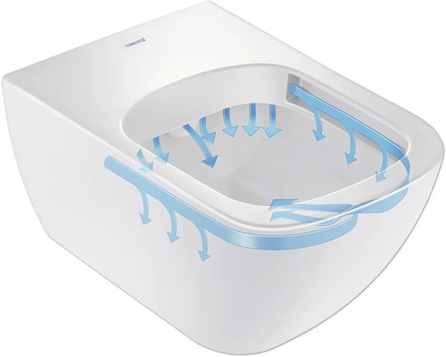 Wand-WC mit schematischer Darstellung des Spülvorgangs