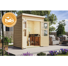 Gartenhaus aus Holz mit geöffneten Türen und Expresslieferung-Symbol