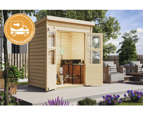 Gartenhaus aus Holz mit geöffneten Türen und Expresslieferung-Symbol