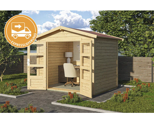 Gartenhaus mit geöffneten Doppeltüren und Büromöbeln inklusive Expresslieferung-Symbol.