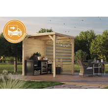 Holz Pavillon mit Grill, Outdoor-Küche und Essbereich im Garten.