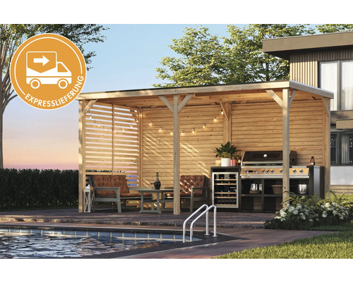 Szene mit Holzpavillon, Gartenmöbeln, Grill und Expresslieferung Symbol