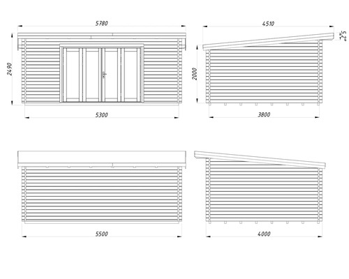 Technische Zeichnung eines Gartenhauses mit Maßen.