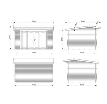 Technische Zeichnung eines Gartenhauses mit Maßen