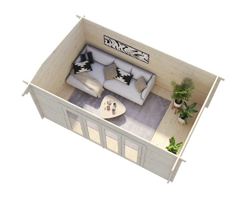 Innenansicht eines modernen Gartenhauses mit Sofa, Tisch und Pflanzen.