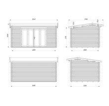 Technische Zeichnung eines Gartenhauses mit Maßangaben