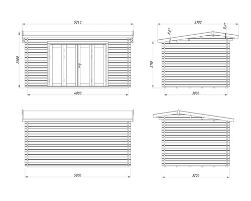Technische Zeichnung eines Gartenhauses mit Maßangaben