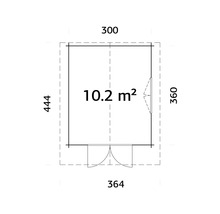Grundrisszeichnung eines Gartenhauses mit Größenangaben