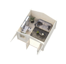 Innenansicht eines Gartenhauses mit Bürobereich und Sitzecke