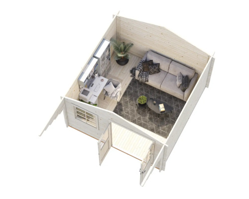 Innenansicht eines Gartenhauses mit Bürobereich und Sitzecke