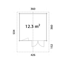 Grundrisszeichnung eines Gartenhauses mit den Maßen 360 x 426 x 534 cm und einer Fläche von 12,3 Quadratmetern.