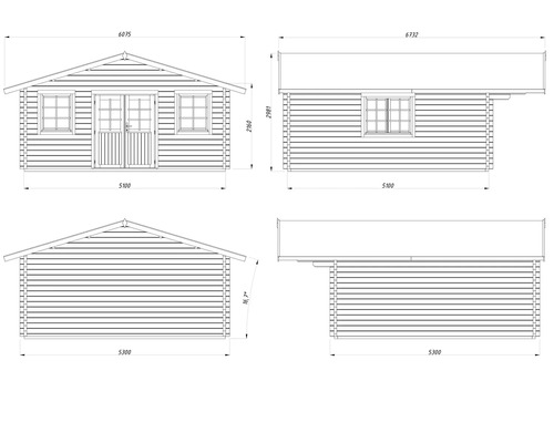 Zeichnung eines Gartenhauses mit Maßen