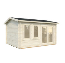 Gartenhaus aus Holz mit Fenstern und Doppeltür