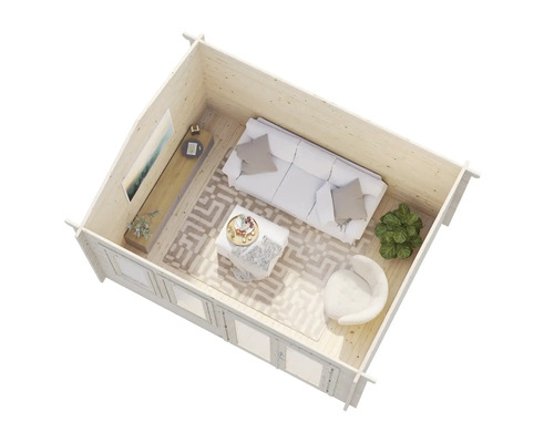 Innenansicht eines Gartenhauses mit Sofa, Sessel, Couchtisch und Teppich