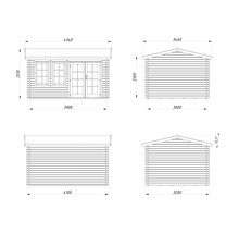 Technische Zeichnung eines Gartenhauses mit Maßangaben