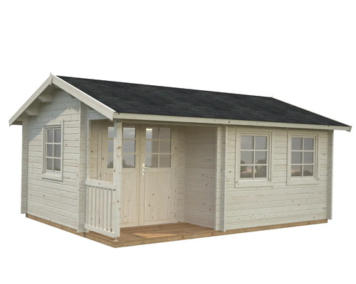 Holzgartenhaus mit Vordach, Fenstern und Holzdach