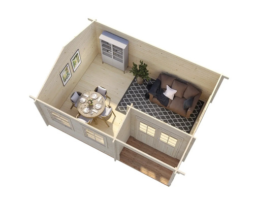 Innenansicht eines Holzgartenhauses mit Möbeln