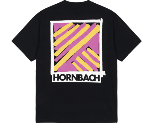 Schwarzes T-Shirt mit Hornbach-Logo und abstraktem Design auf der Rückseite