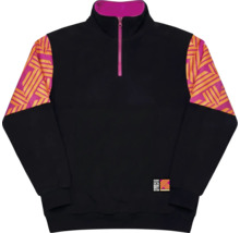 Schwarzer Pullover mit Reißverschluss und Muster an den Ärmeln