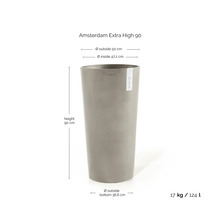 Grauer Pflanzkübel Ecopots Amsterdam Extra High 90, Höhe 90 Zentimeter, Außendurchmesser 50 Zentimeter, Gewicht 17 Kilogramm, Volumen 124 Liter.
