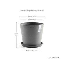 Ecopots Amsterdam 30 Blumentopf mit Wasserreservoir, Höhe 25,9 Zentimeter, Durchmesser 30 Zentimeter, Gewicht 1,55 Kilogramm, Volumen 12,8 Liter.