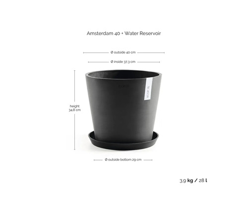 Ecopots Amsterdam 40 Pflanzkübel mit Untersetzer und Wasserspeicher, Durchmesser 40 Zentimeter, Höhe 34,8 Zentimeter, Volumen 28 Liter.