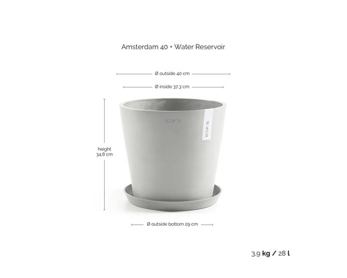 Ecopots Blumentopf Amsterdam 40 mit Untersetzer und Wasserspeicher, Durchmesser 40 Zentimeter, Höhe 34,8 Zentimeter, Volumen 28 Liter.