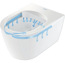 Wand-Tiefspülklosett mit Duravit Logo und schematischer Darstellung des Wasserlaufs
