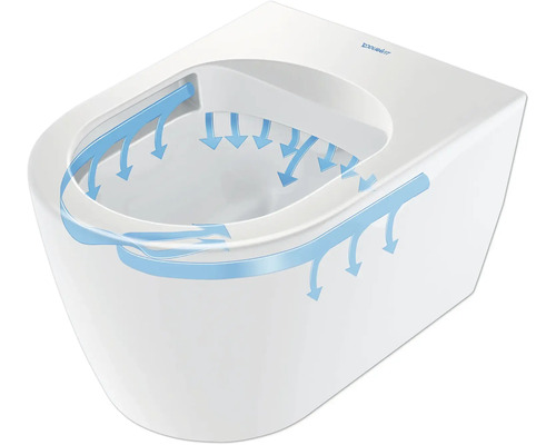 Wand-Tiefspülklosett mit Duravit Logo und schematischer Darstellung des Wasserlaufs