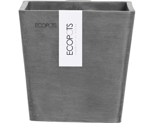 Quadratischer Pflanztopf aus recyceltem Kunststoff mit Ecopots Logo.
