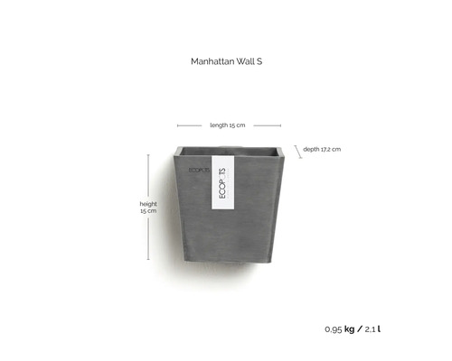Ecopots Wand-Blumentopf Manhattan Wall S, Höhe 15 Zentimeter, Länge 15 Zentimeter, Tiefe 17,2 Zentimeter, Gewicht 0,95 Kilogramm, Volumen 2,1 Liter.