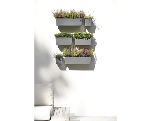Graue Wandblumenkästen mit Heidekraut und Grünpflanzen, angeordnet als organisierter vertikaler Garten an einer hellen Terrassenwand.