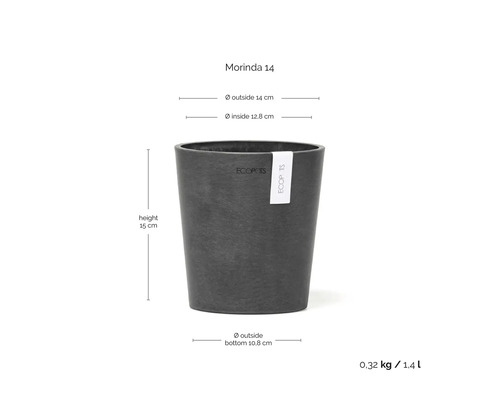 Blumentopf Ecopots Morinda 14, Höhe 15 Zentimeter, Außendurchmesser 14 Zentimeter, Innendurchmesser 12,8 Zentimeter, Volumen 1,4 Liter.