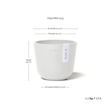 Ecopots Oslo Mini 11,5 Blumentopf mit Abmessungen: Höhe 9,5 Zentimeter, Außendurchmesser 11,4 Zentimeter und Fassungsvermögen 0,6 Liter.