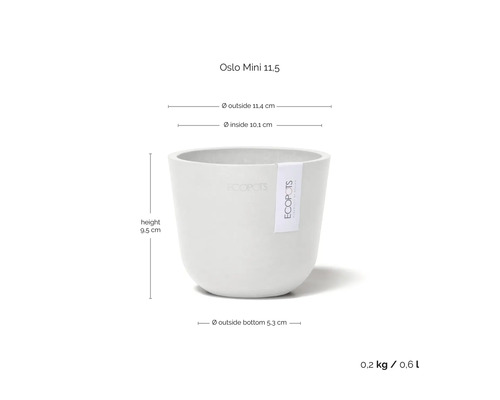 Ecopots Oslo Mini 11,5 Blumentopf mit Abmessungen: Höhe 9,5 Zentimeter, Außendurchmesser 11,4 Zentimeter und Fassungsvermögen 0,6 Liter.