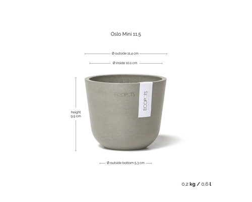 Grauer Ecopots Oslo Mini 11,5 Blumentopf: Außendurchmesser 11,4 Zentimeter, Höhe 9,5 Zentimeter, Volumen 0,6 Liter, Gewicht 0,2 Kilogramm.