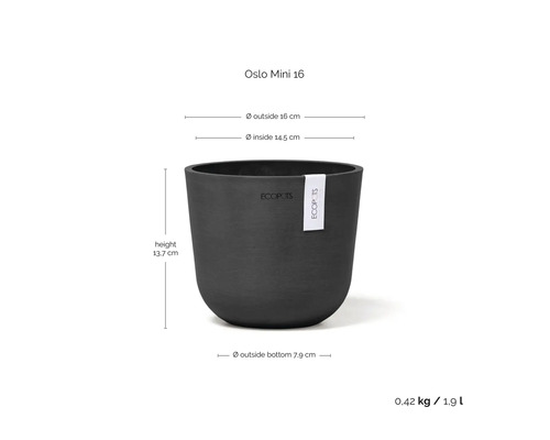 ECOPOTS Oslo Mini 16 Blumentopf, 1,9 Liter, Maße: Höhe 13,7 Zentimeter, Außendurchmesser 16 Zentimeter, Innendurchmesser 14,5 Zentimeter.