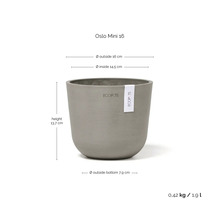 Ecopots Oslo Mini 16 Blumentopf: Höhe 13,7 Zentimeter, Durchmesser 16 Zentimeter, Gewicht 0,42 Kilogramm, Volumen 1,9 Liter.