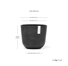 Dunkelgrauer ECOPOTS Blumentopf Oslo Mini 19 aus Kunststoff, Höhe 16,5 Zentimeter, Außendurchmesser 19 Zentimeter, Volumen 3,3 Liter.
