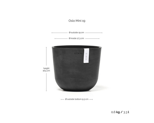 Dunkelgrauer ECOPOTS Blumentopf Oslo Mini 19 aus Kunststoff, Höhe 16,5 Zentimeter, Außendurchmesser 19 Zentimeter, Volumen 3,3 Liter.