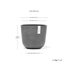 Grauer Ecopots Oslo Mini 19 Blumentopf: Durchmesser 19 Zentimeter, Höhe 16,5 Zentimeter, Gewicht 0,6 Kilogramm, Volumen 3,3 Liter.