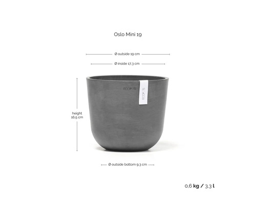 Grauer Ecopots Oslo Mini 19 Blumentopf: Durchmesser 19 Zentimeter, Höhe 16,5 Zentimeter, Gewicht 0,6 Kilogramm, Volumen 3,3 Liter.